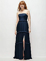 Front View Thumbnail - Midnight Navy Strapless Chiffon Maxi Dress with Tiered Micro Ruffle Full Skirt