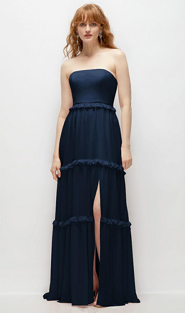 Front View - Midnight Navy Strapless Chiffon Maxi Dress with Tiered Micro Ruffle Full Skirt