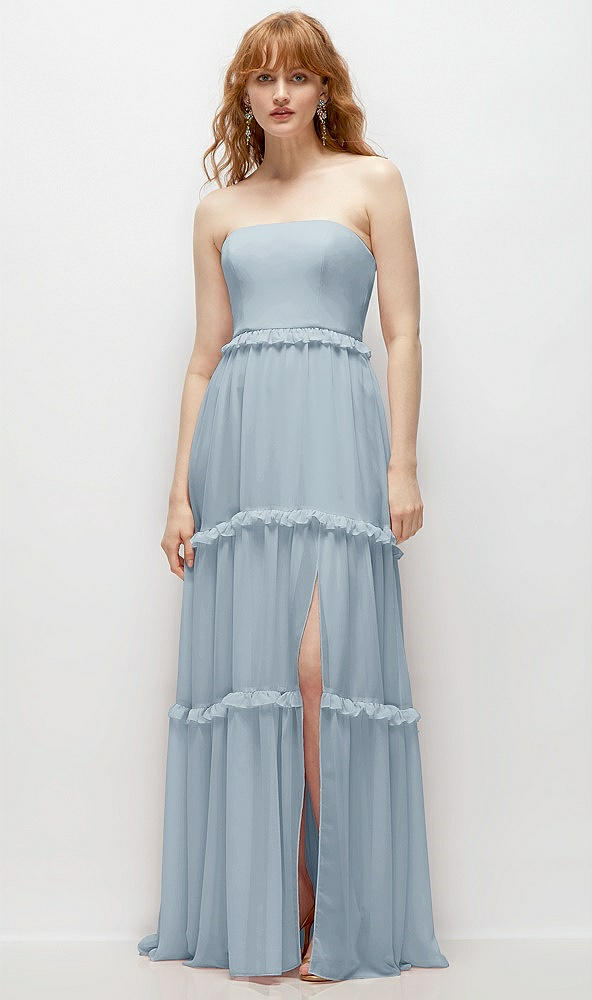 Front View - Mist Strapless Chiffon Maxi Dress with Tiered Micro Ruffle Full Skirt