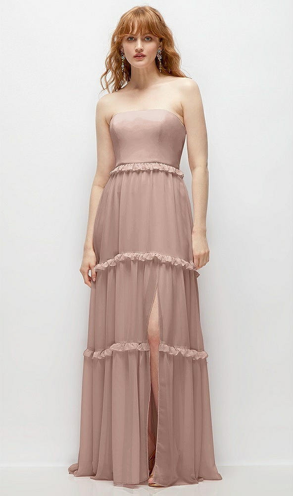 Front View - Neu Nude Strapless Chiffon Maxi Dress with Tiered Micro Ruffle Full Skirt