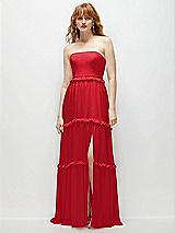 Front View Thumbnail - Parisian Red Strapless Chiffon Maxi Dress with Tiered Micro Ruffle Full Skirt