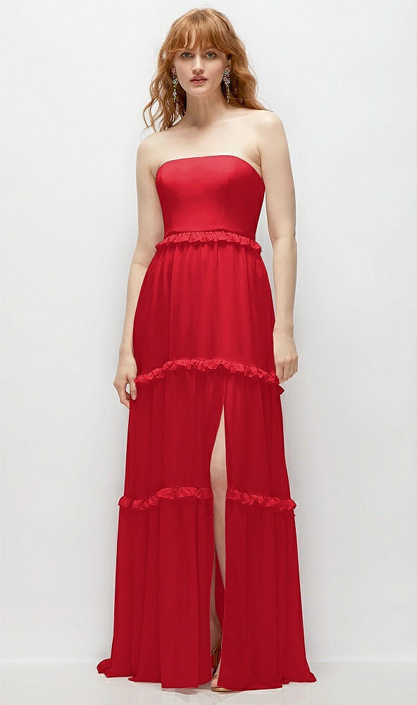 Front View - Parisian Red Strapless Chiffon Maxi Dress with Tiered Micro Ruffle Full Skirt