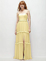 Front View Thumbnail - Pale Yellow Strapless Chiffon Maxi Dress with Tiered Micro Ruffle Full Skirt