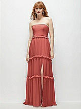 Front View Thumbnail - Coral Pink Strapless Chiffon Maxi Dress with Tiered Micro Ruffle Full Skirt