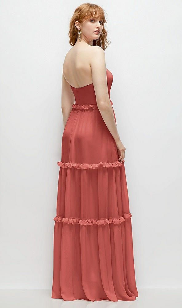 Back View - Coral Pink Strapless Chiffon Maxi Dress with Tiered Micro Ruffle Full Skirt