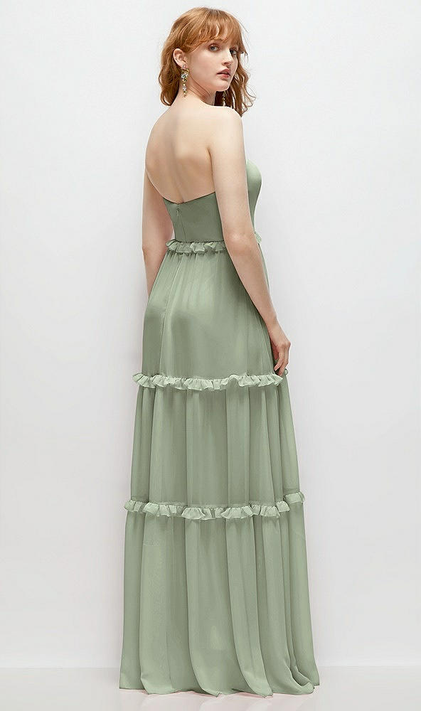 Back View - Sage Strapless Chiffon Maxi Dress with Tiered Micro Ruffle Full Skirt