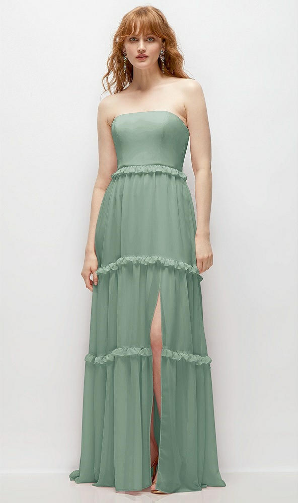 Front View - Seagrass Strapless Chiffon Maxi Dress with Tiered Micro Ruffle Full Skirt