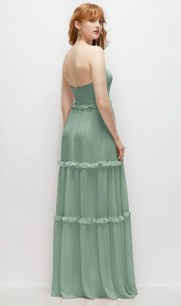 Back View - Seagrass Strapless Chiffon Maxi Dress with Tiered Micro Ruffle Full Skirt