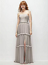 Front View Thumbnail - Taupe Strapless Chiffon Maxi Dress with Tiered Micro Ruffle Full Skirt