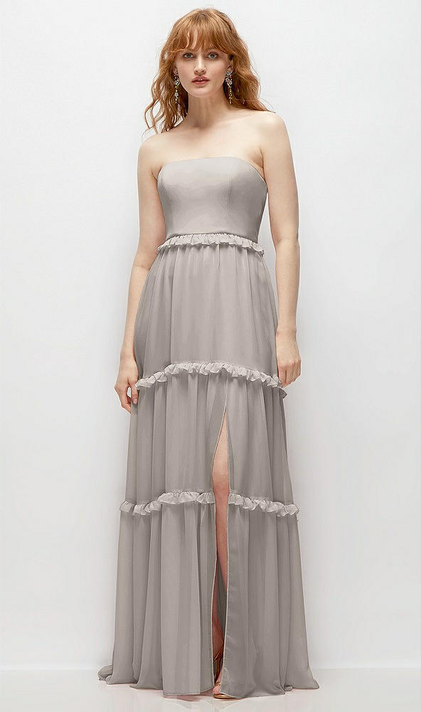 Front View - Taupe Strapless Chiffon Maxi Dress with Tiered Micro Ruffle Full Skirt