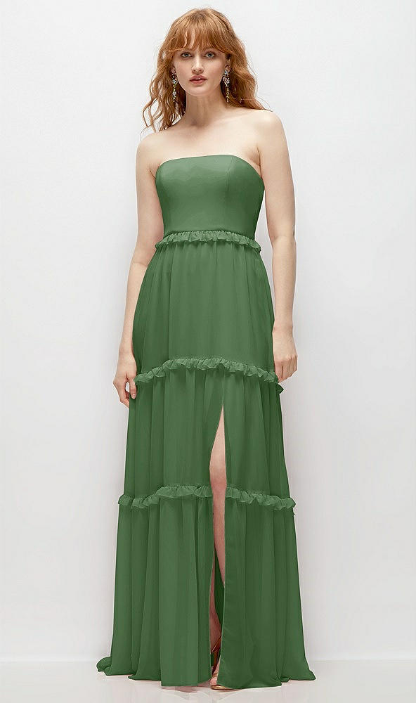 Front View - Vineyard Green Strapless Chiffon Maxi Dress with Tiered Micro Ruffle Full Skirt