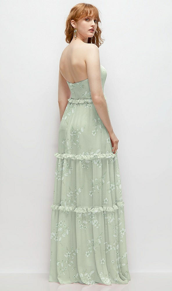 Back View - Vintage Primrose Sage Strapless Chiffon Maxi Dress with Tiered Micro Ruffle Full Skirt