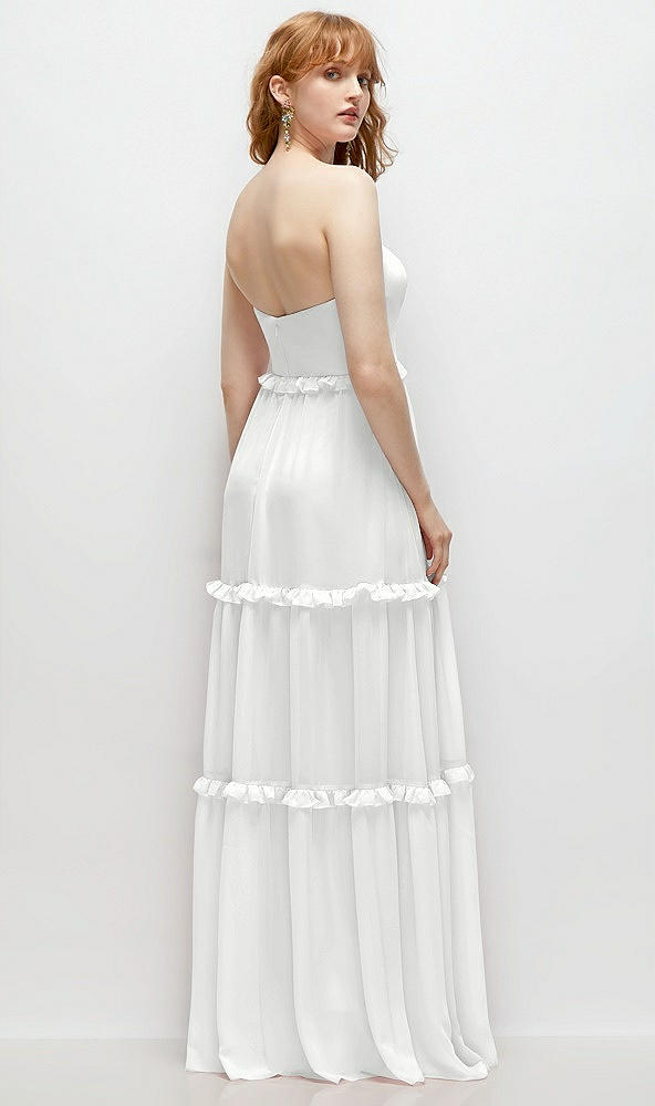 Back View - White Strapless Chiffon Maxi Dress with Tiered Micro Ruffle Full Skirt