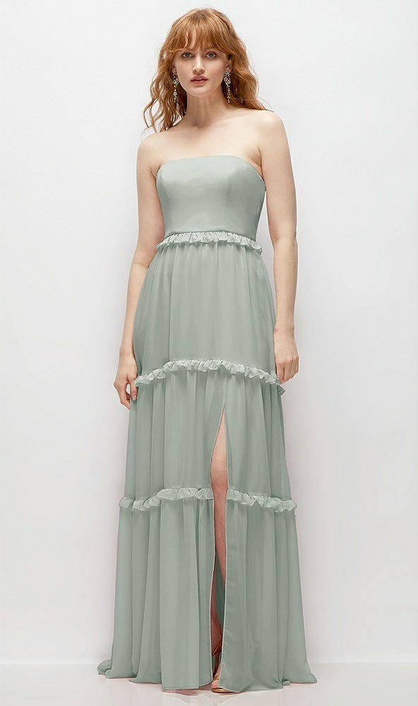 Front View - Willow Green Strapless Chiffon Maxi Dress with Tiered Micro Ruffle Full Skirt