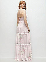 Rear View Thumbnail - Watercolor Print Strapless Chiffon Maxi Dress with Tiered Micro Ruffle Full Skirt