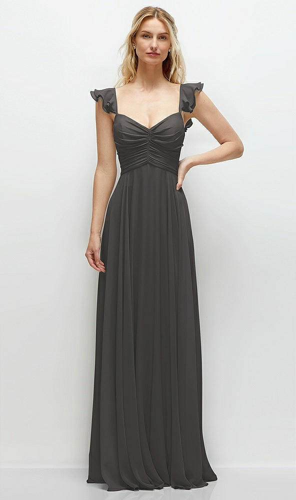 Front View - Caviar Gray Convertible Ruffle Strap Chiffon Maxi Dress with Full Circle Skirt