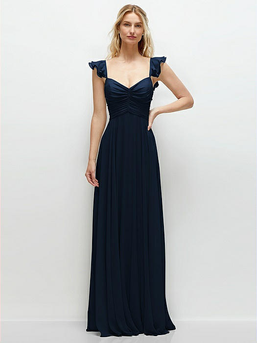 Convertible Ruffle Strap Chiffon Maxi Dress with Full Circle Skirt