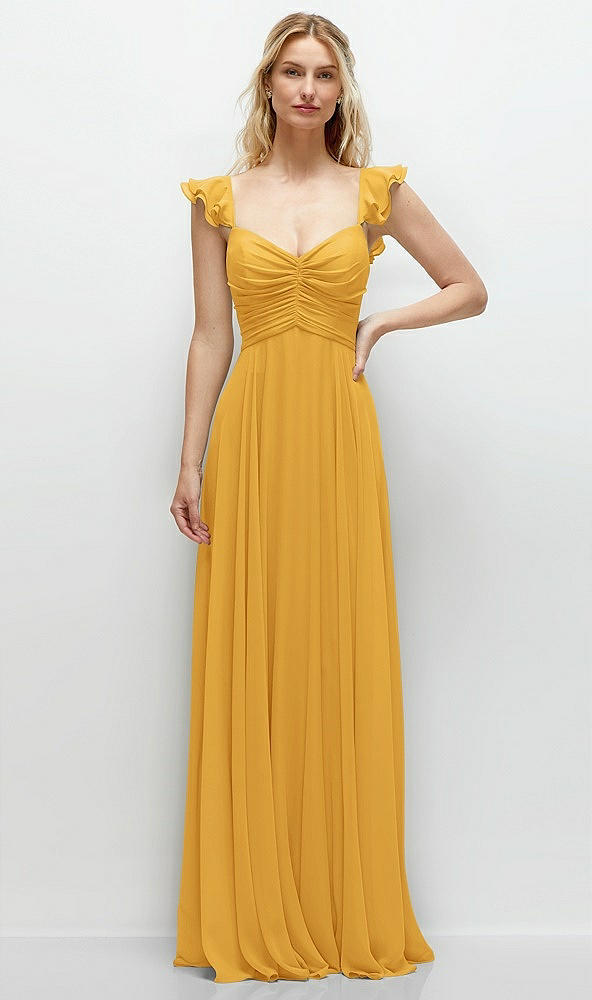 Front View - NYC Yellow Convertible Ruffle Strap Chiffon Maxi Dress with Full Circle Skirt