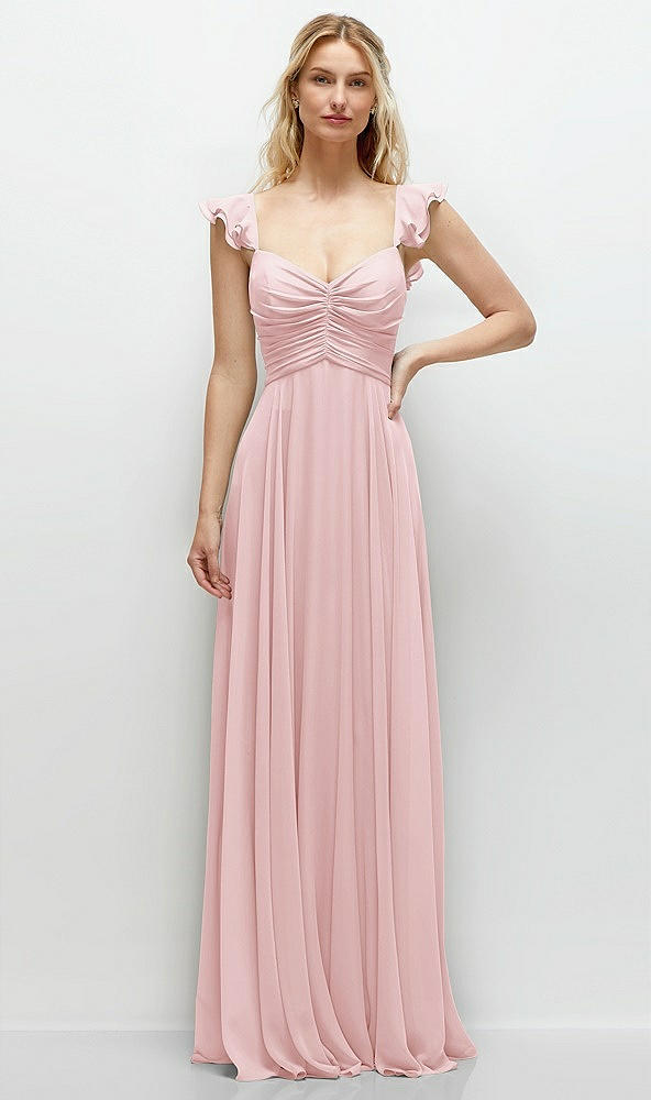 Front View - Ballet Pink Convertible Ruffle Strap Chiffon Maxi Dress with Full Circle Skirt