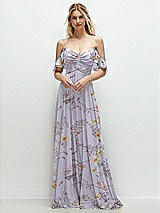 Alt View 1 Thumbnail - Butterfly Botanica Silver Dove Convertible Ruffle Strap Chiffon Maxi Dress with Full Circle Skirt