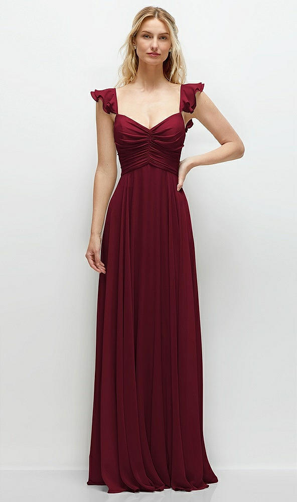 Front View - Burgundy Convertible Ruffle Strap Chiffon Maxi Dress with Full Circle Skirt