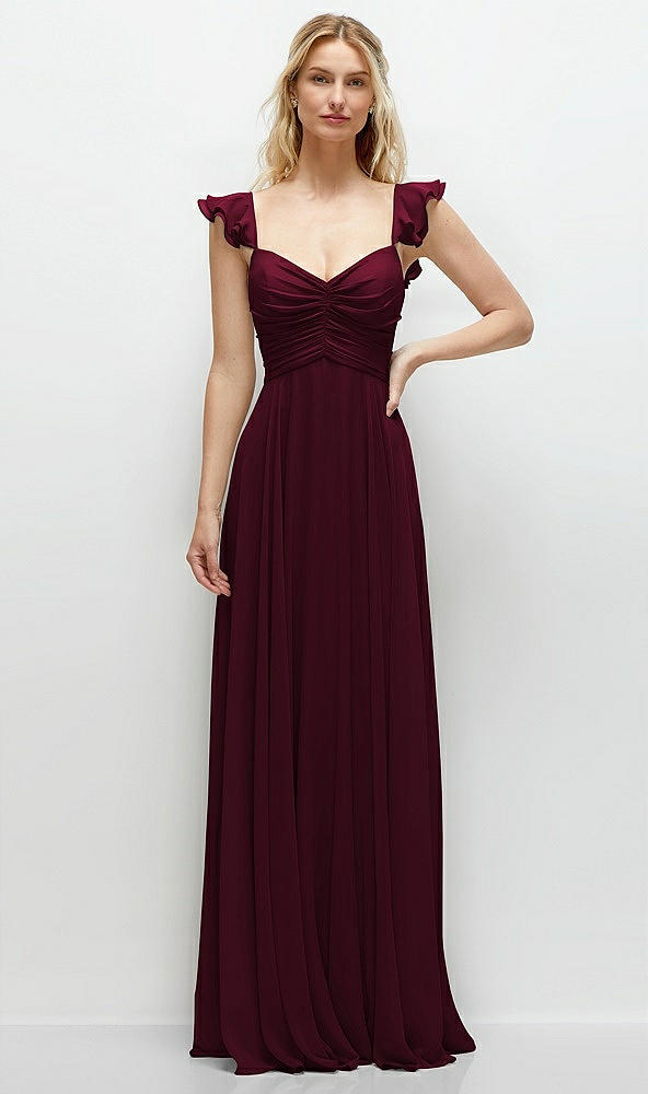 Front View - Cabernet Convertible Ruffle Strap Chiffon Maxi Dress with Full Circle Skirt