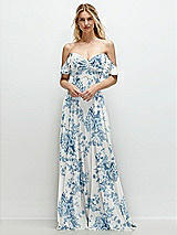 Alt View 1 Thumbnail - Cottage Rose Dusk Blue Convertible Ruffle Strap Chiffon Maxi Dress with Full Circle Skirt