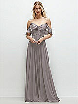 Alt View 1 Thumbnail - Cashmere Gray Convertible Ruffle Strap Chiffon Maxi Dress with Full Circle Skirt