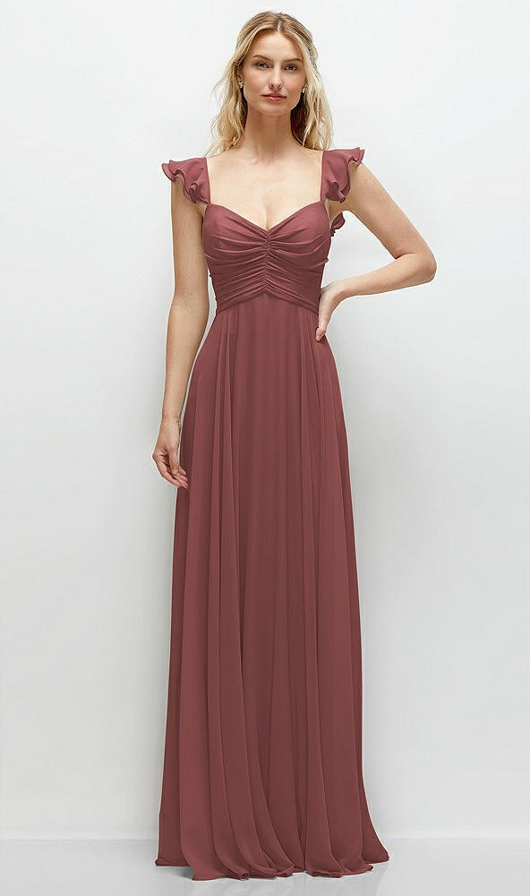 Front View - English Rose Convertible Ruffle Strap Chiffon Maxi Dress with Full Circle Skirt