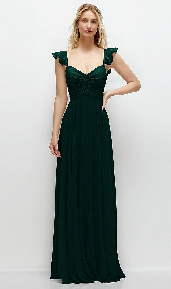 Front View - Evergreen Convertible Ruffle Strap Chiffon Maxi Dress with Full Circle Skirt