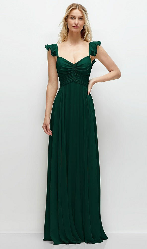 Front View - Hunter Green Convertible Ruffle Strap Chiffon Maxi Dress with Full Circle Skirt