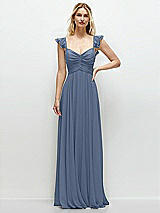 Front View Thumbnail - Larkspur Blue Convertible Ruffle Strap Chiffon Maxi Dress with Full Circle Skirt