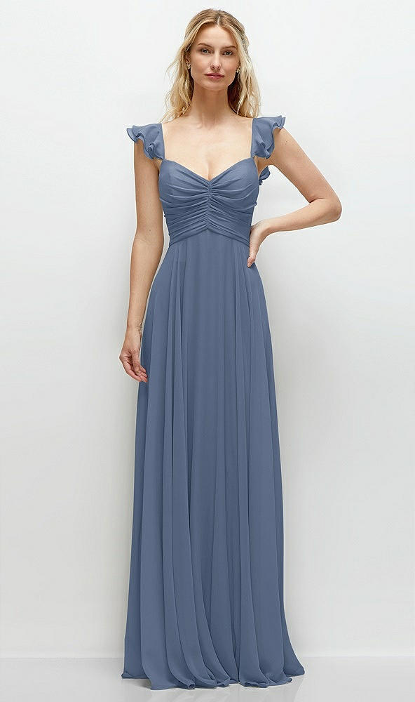 Front View - Larkspur Blue Convertible Ruffle Strap Chiffon Maxi Dress with Full Circle Skirt