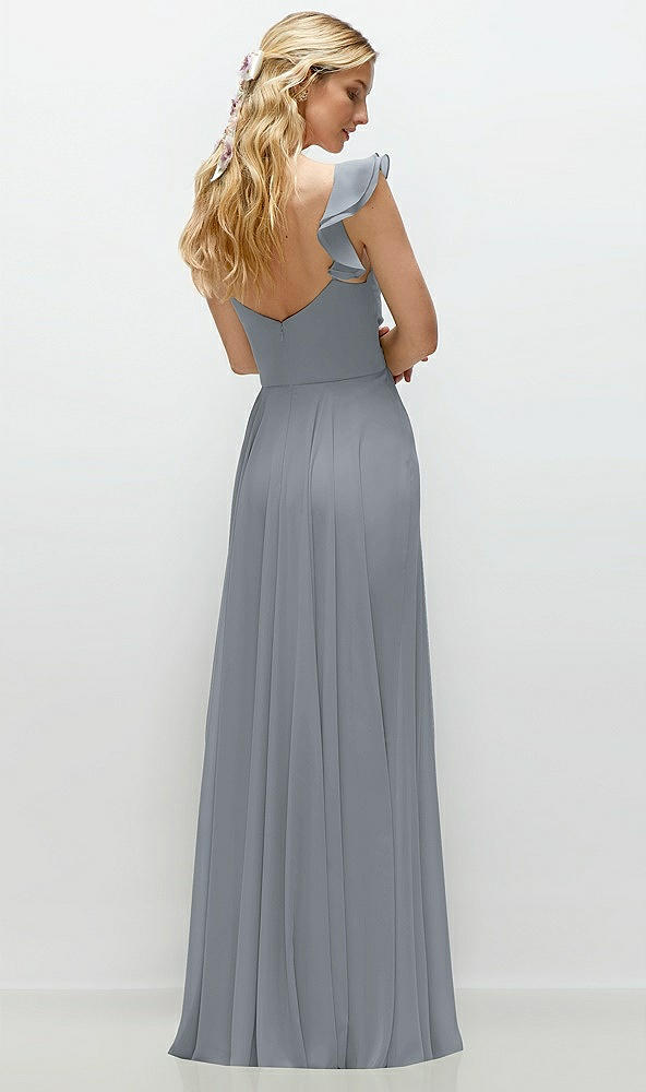 Back View - Platinum Convertible Ruffle Strap Chiffon Maxi Dress with Full Circle Skirt