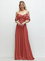 Alt View 1 Thumbnail - Coral Pink Convertible Ruffle Strap Chiffon Maxi Dress with Full Circle Skirt