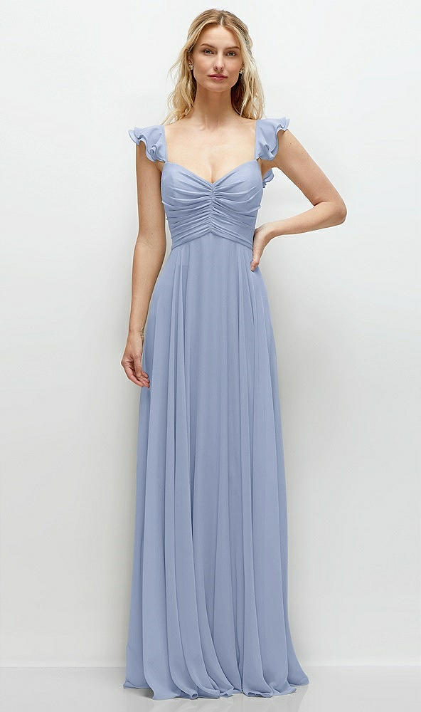 Front View - Sky Blue Convertible Ruffle Strap Chiffon Maxi Dress with Full Circle Skirt