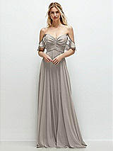 Alt View 1 Thumbnail - Taupe Convertible Ruffle Strap Chiffon Maxi Dress with Full Circle Skirt