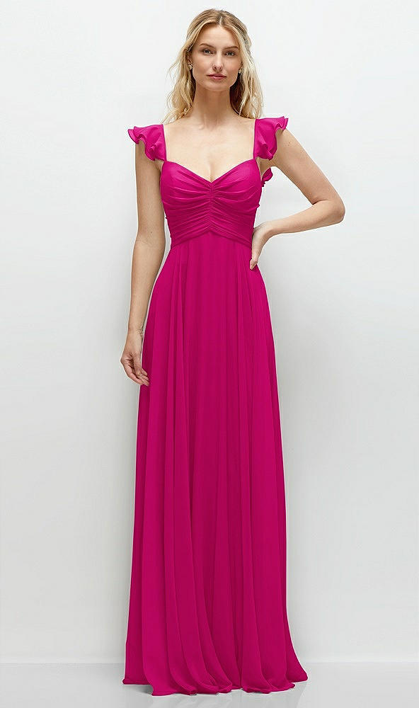 Front View - Think Pink Convertible Ruffle Strap Chiffon Maxi Dress with Full Circle Skirt