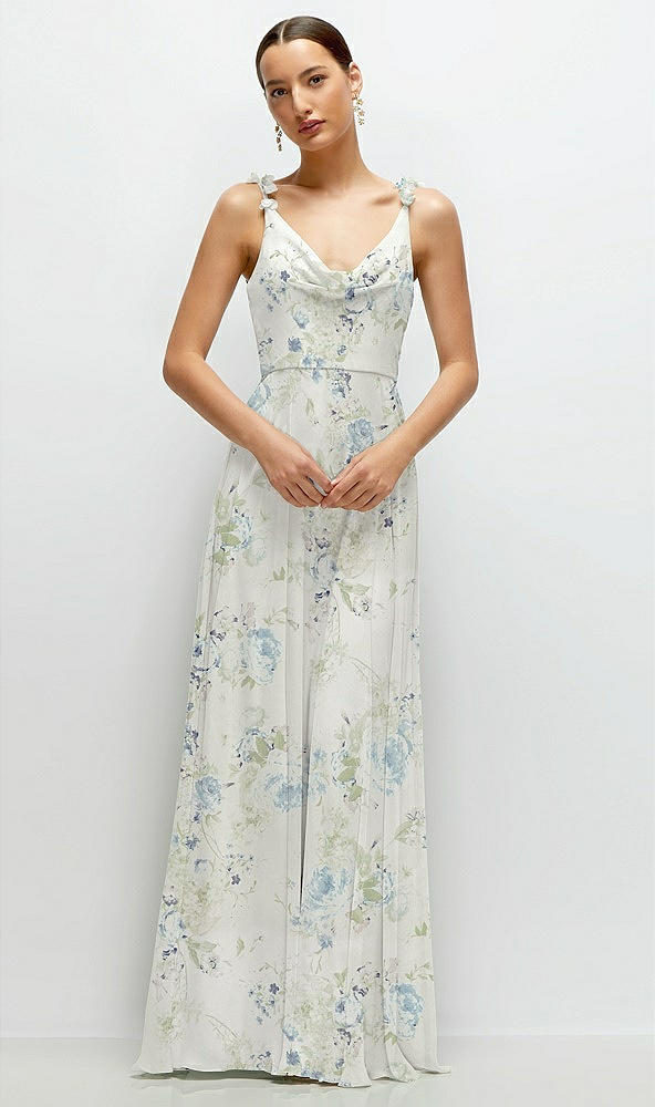 Front View - Bleu Garden Cowl Neck Chiffon Maxi Dress with Hand-Worked Petal Straps