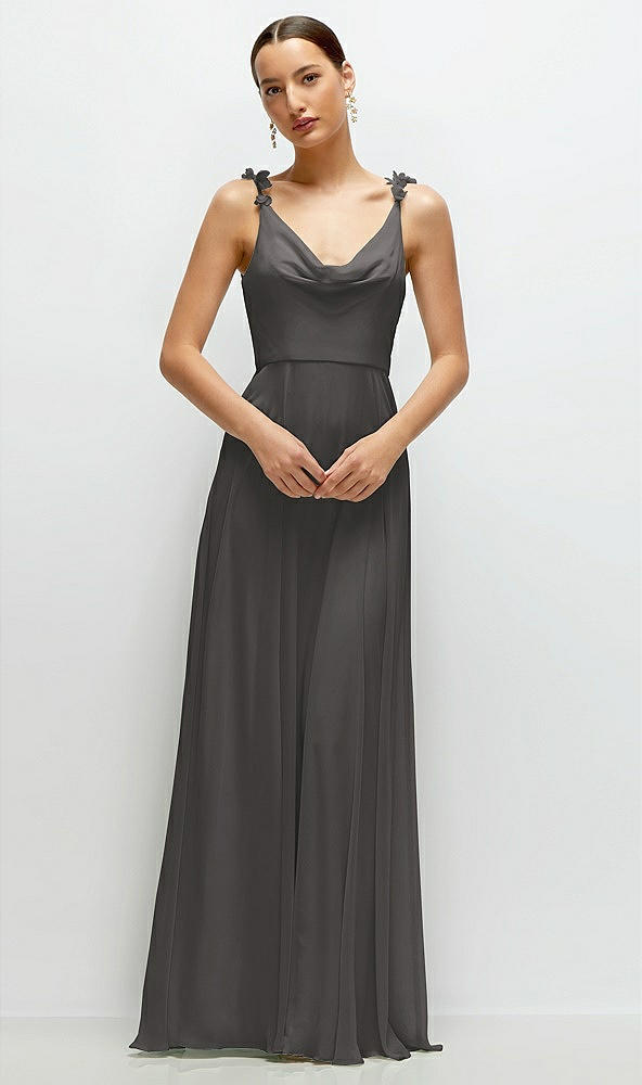 Front View - Caviar Gray Cowl Neck Chiffon Maxi Dress with Hand-Worked Petal Straps