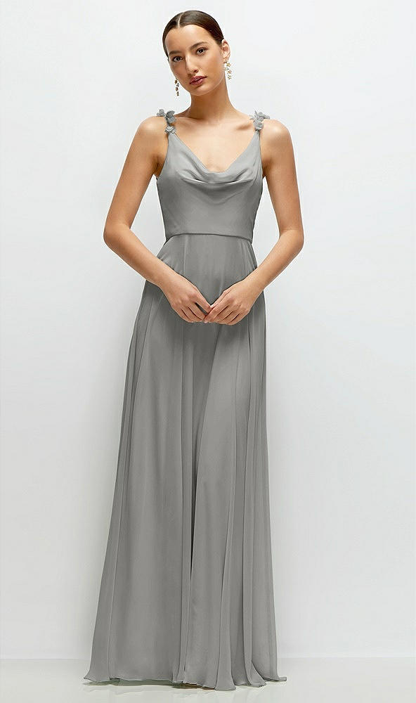 Front View - Chelsea Gray Cowl Neck Chiffon Maxi Dress with Hand-Worked Petal Straps