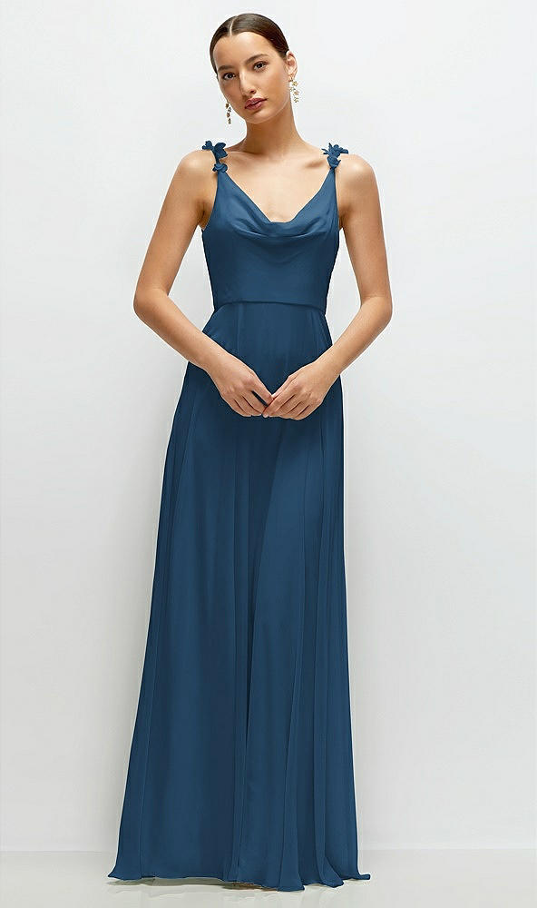 Front View - Dusk Blue Cowl Neck Chiffon Maxi Dress with Hand-Worked Petal Straps