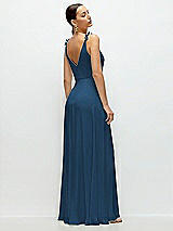 Rear View Thumbnail - Dusk Blue Cowl Neck Chiffon Maxi Dress with Hand-Worked Petal Straps