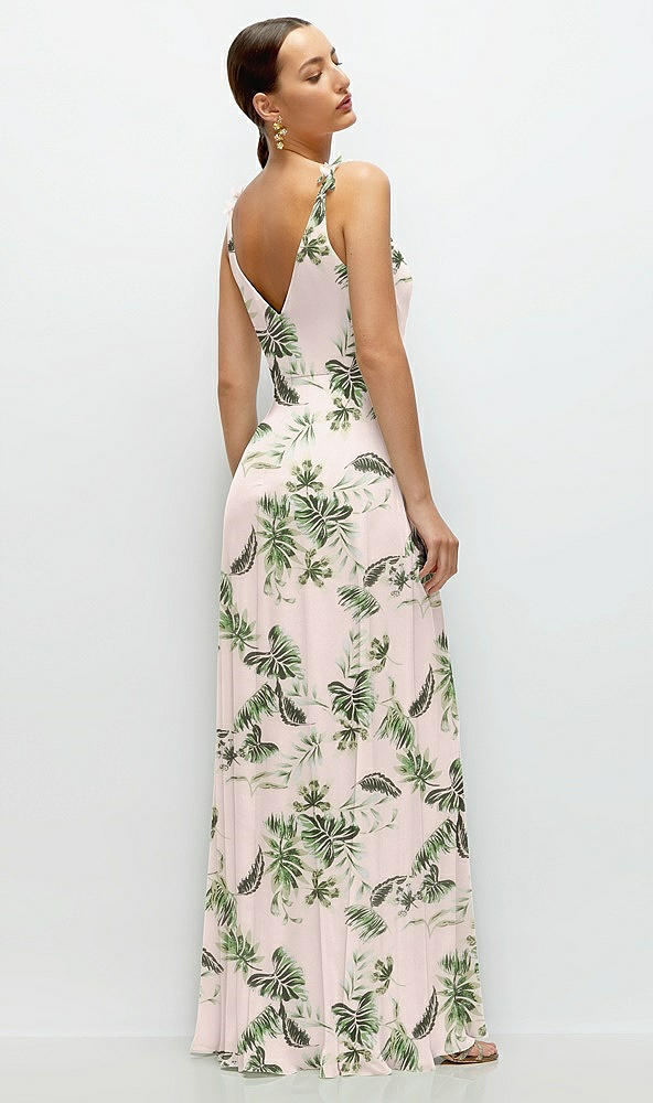 Back View - Palm Beach Print Cowl Neck Chiffon Maxi Dress with Hand-Worked Petal Straps