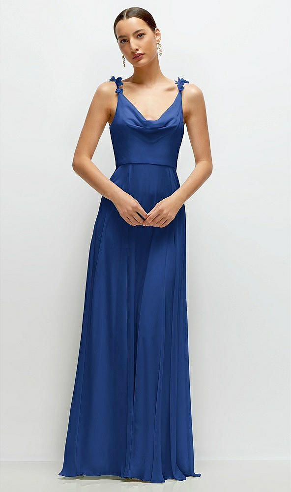 Front View - Classic Blue Cowl Neck Chiffon Maxi Dress with Hand-Worked Petal Straps