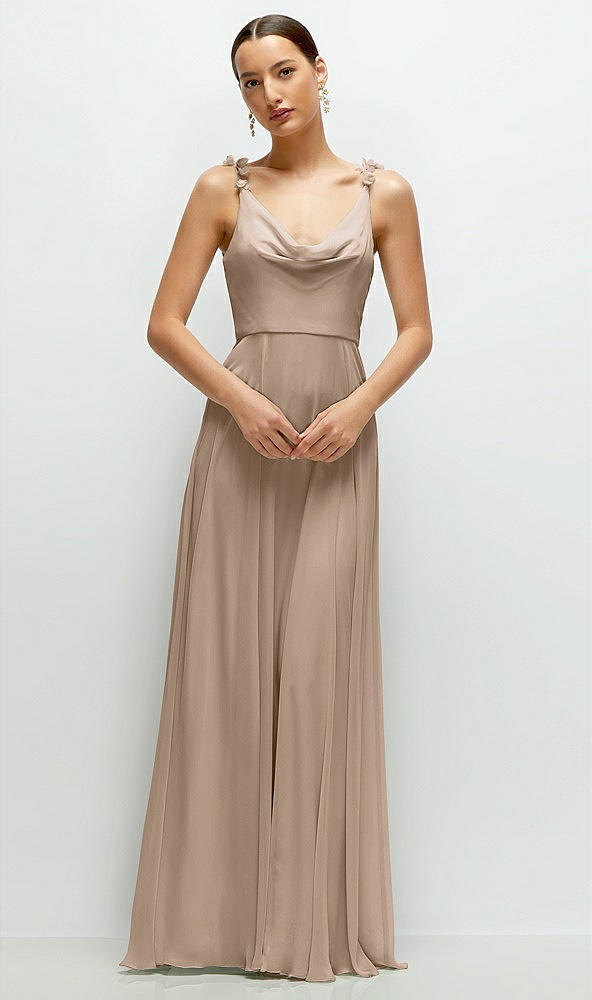 Front View - Topaz Cowl Neck Chiffon Maxi Dress with Hand-Worked Petal Straps