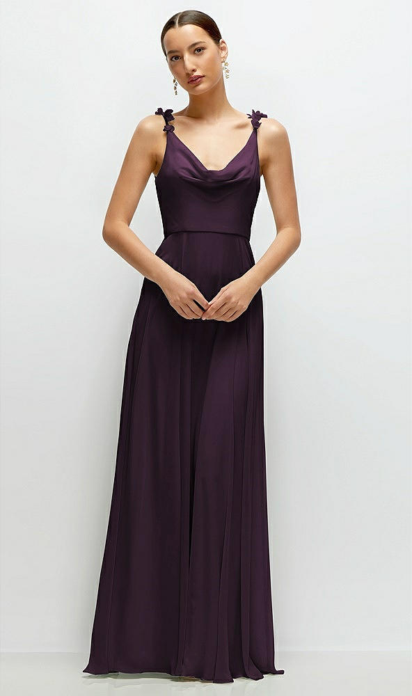 Front View - Aubergine Cowl Neck Chiffon Maxi Dress with Hand-Worked Petal Straps