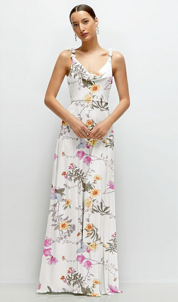 Front View - Butterfly Botanica Ivory Cowl Neck Chiffon Maxi Dress with Hand-Worked Petal Straps