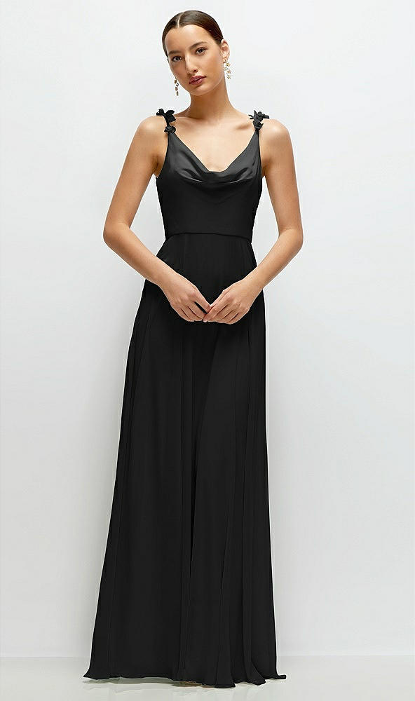 Front View - Black Cowl Neck Chiffon Maxi Dress with Hand-Worked Petal Straps