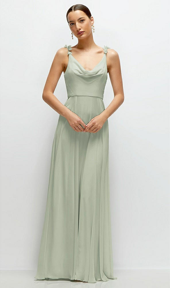 Front View - Celadon Cowl Neck Chiffon Maxi Dress with Hand-Worked Petal Straps